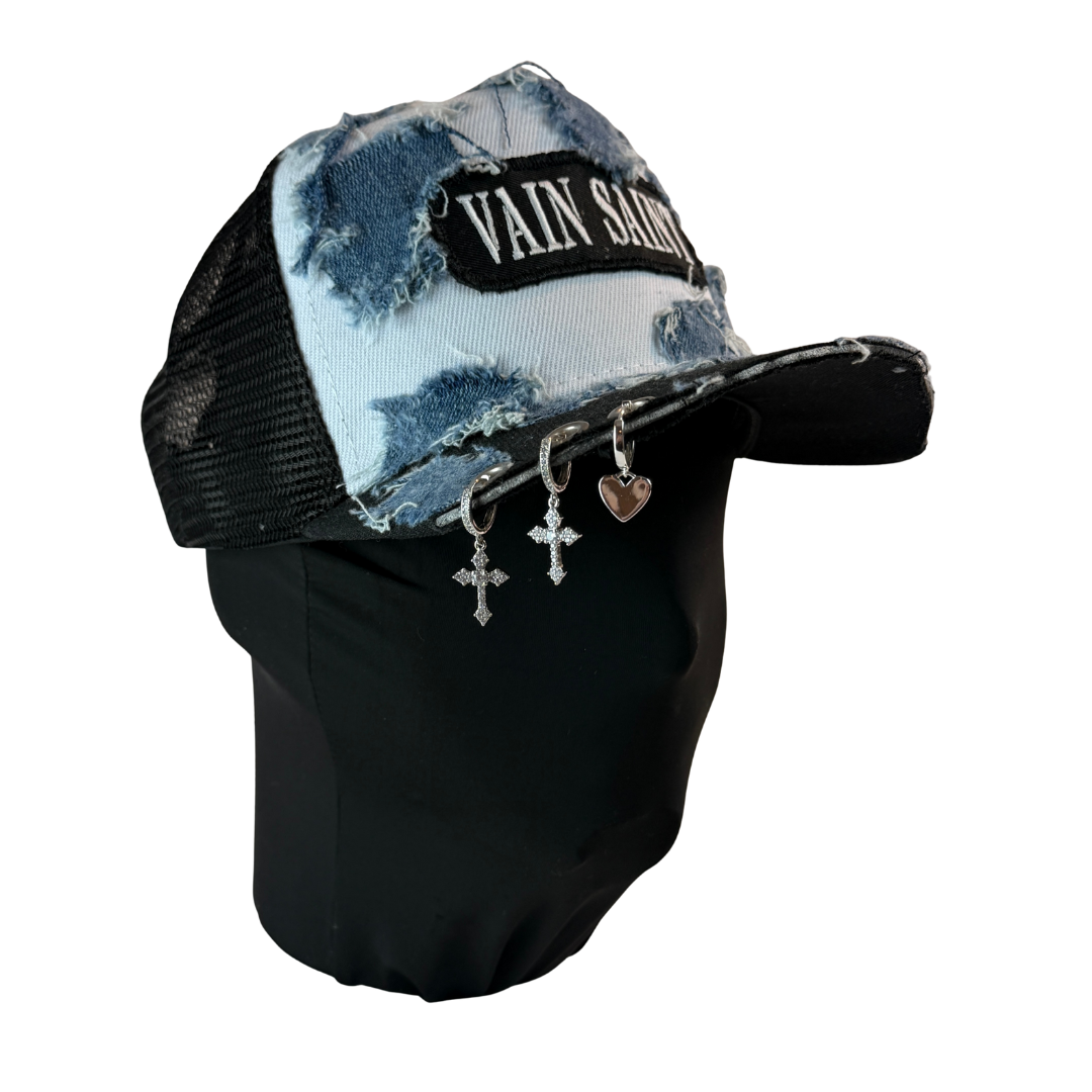 Cropped Crucifix Denim Trucker Hat