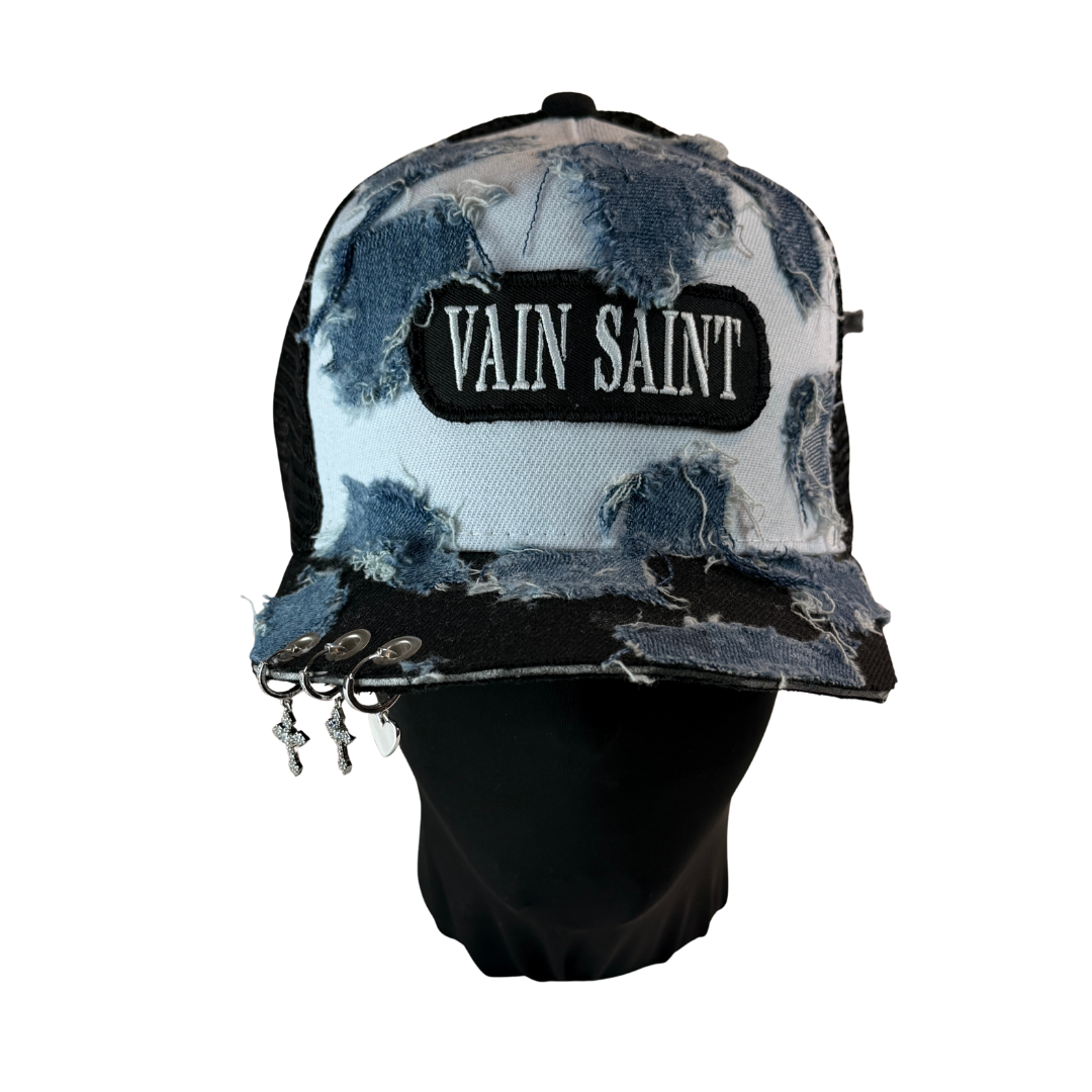 Cropped Crucifix Denim Trucker Hat