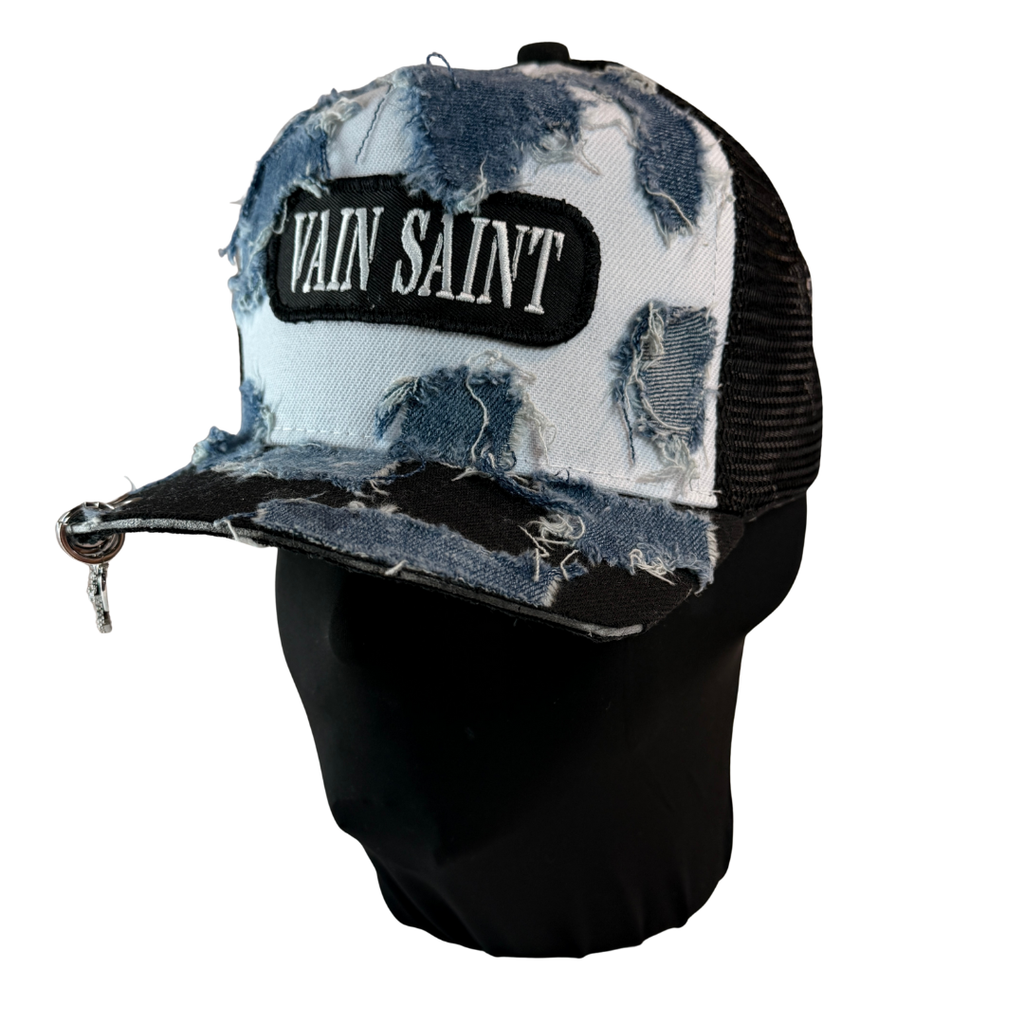 Cropped Crucifix Denim Trucker Hat