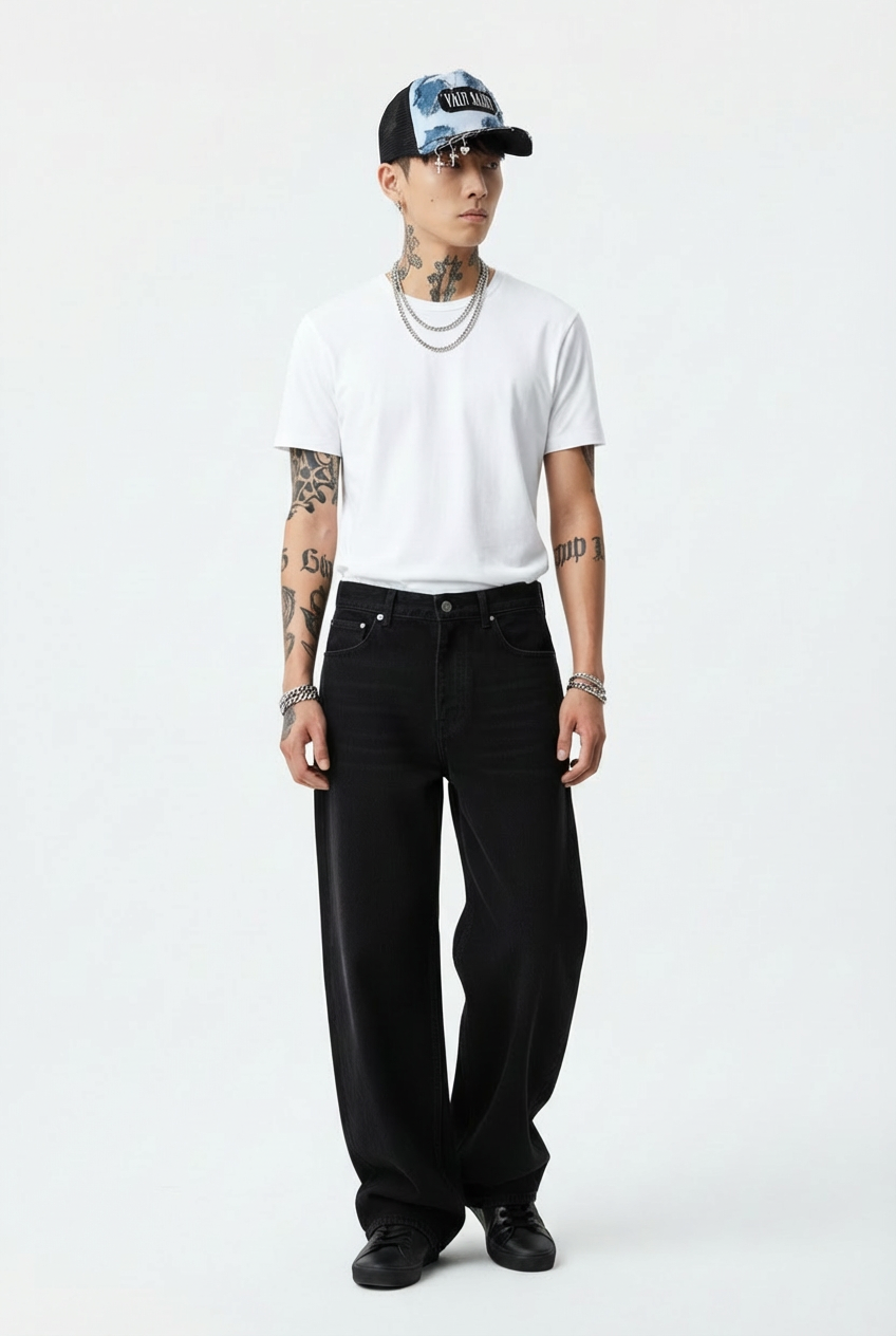 Cropped Crucifix Denim Trucker Hat